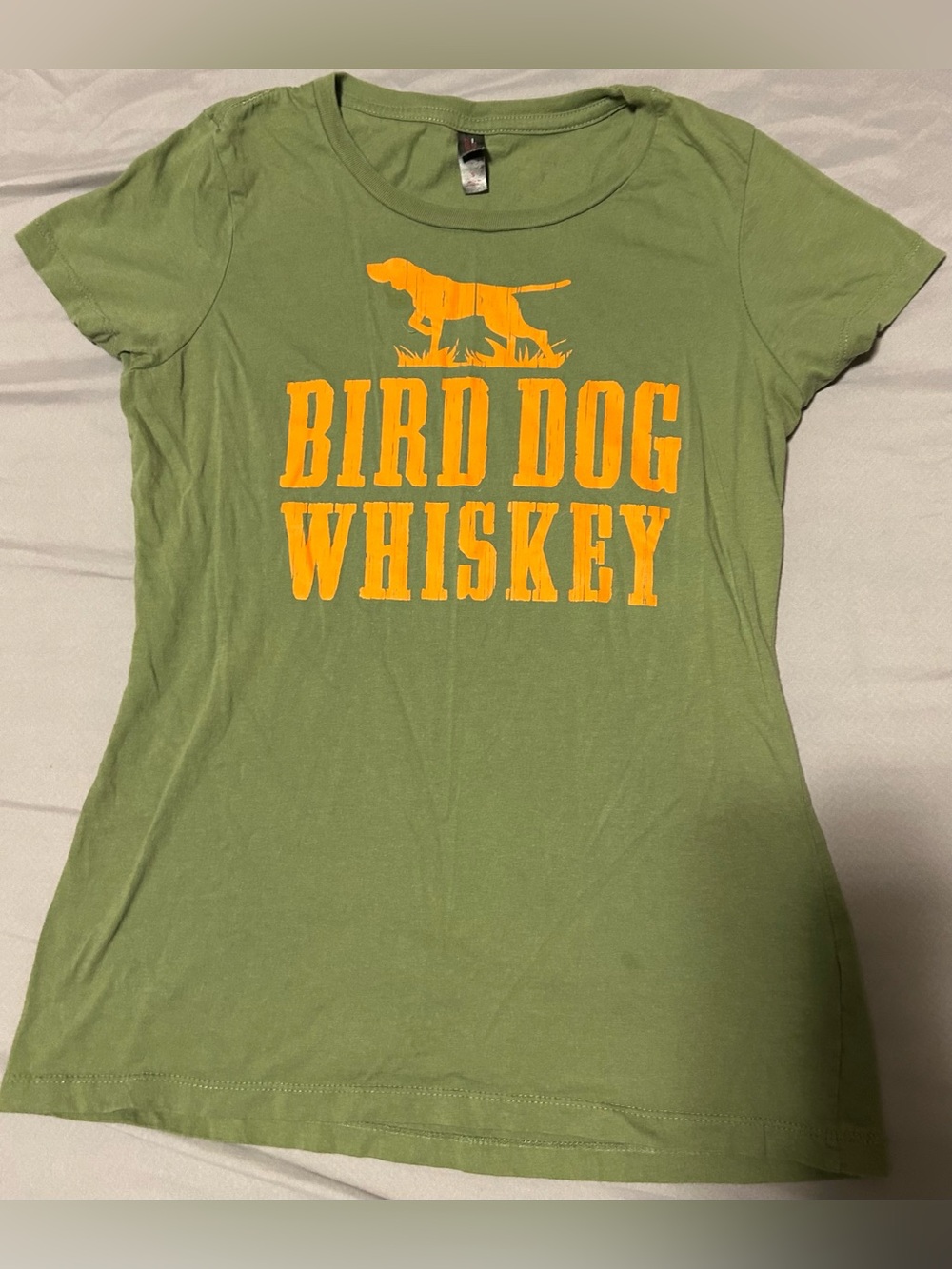 District made Olive Green Tee with Orange Bird Dog Whiskey Graphic- size s
